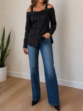 ROBERT RODRIGUEZ OFF THE SHOULDER BUTTON DOWN LONG SLEEVE TOP / BLACK / SIZE 8